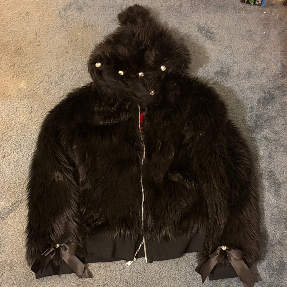 Evolution Division Rave Black Goth Faux Fux Hooded Coat
